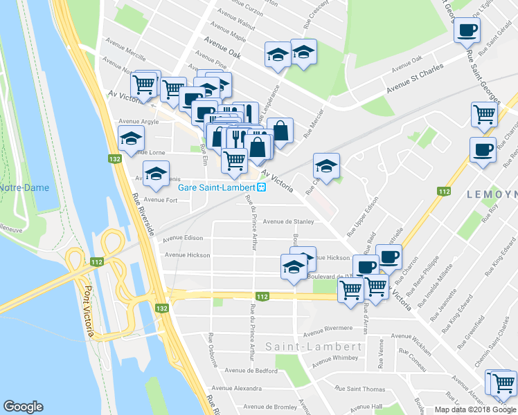 map of restaurants, bars, coffee shops, grocery stores, and more near 205 Avenue Saint-Laurent in Saint-Lambert