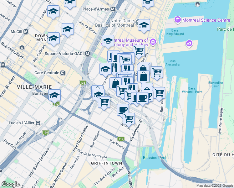 map of restaurants, bars, coffee shops, grocery stores, and more near 760 Rue Saint-Paul Ouest in Montréal
