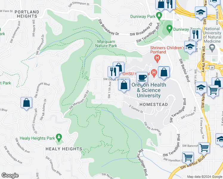 map of restaurants, bars, coffee shops, grocery stores, and more near 3414 Southwest 11th Avenue in Portland