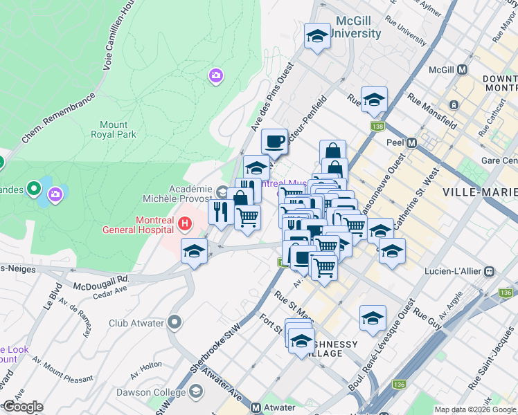 map of restaurants, bars, coffee shops, grocery stores, and more near 3480 Rue Simpson in Montréal