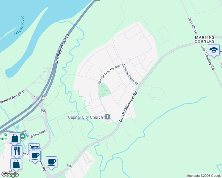 map of restaurants, bars, coffee shops, grocery stores, and more near 724 Cartographe Street in Ottawa