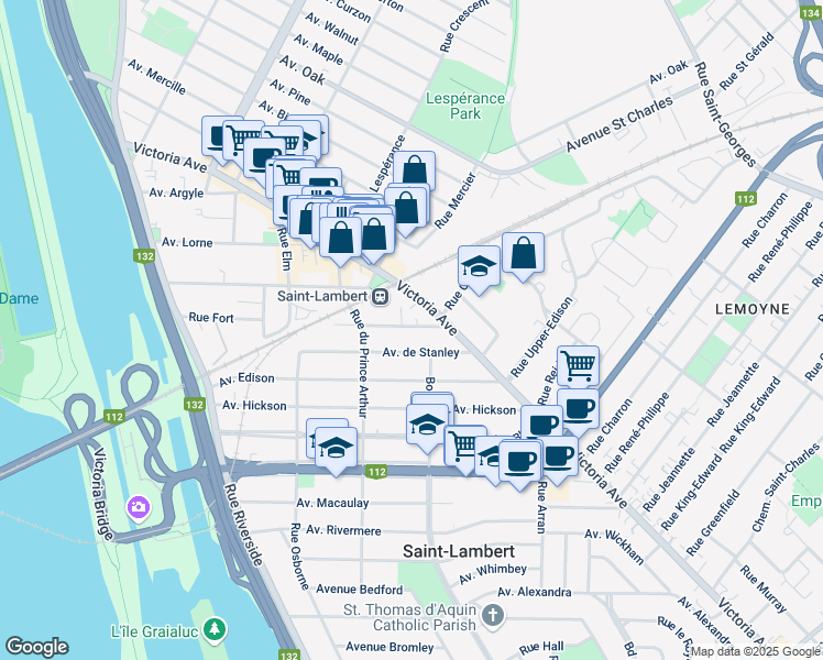 map of restaurants, bars, coffee shops, grocery stores, and more near 257 Avenue Saint-Laurent in Saint-Lambert
