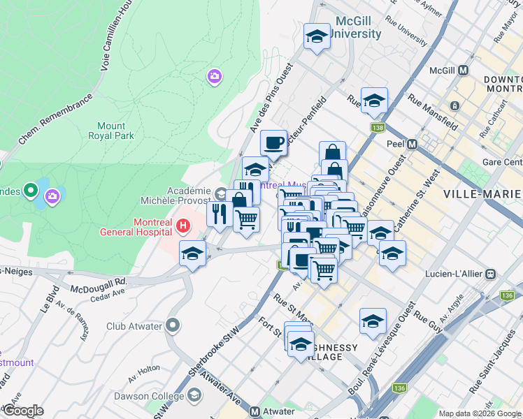 map of restaurants, bars, coffee shops, grocery stores, and more near 3470 Rue Simpson in Montréal
