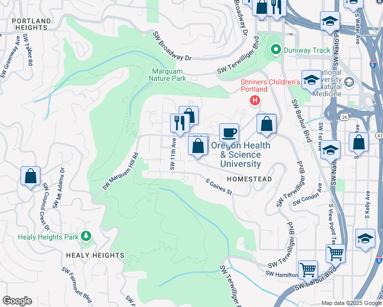 map of restaurants, bars, coffee shops, grocery stores, and more near 3409 Southwest US Veterans Hospital Road in Portland