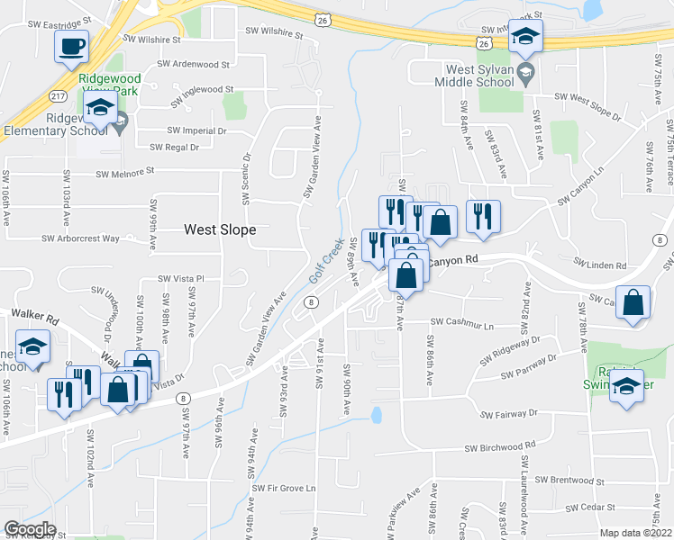 map of restaurants, bars, coffee shops, grocery stores, and more near 8967 Southwest Arborcrest Court in Portland