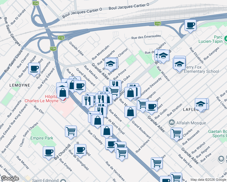 map of restaurants, bars, coffee shops, grocery stores, and more near 3165 Rue Mackay in Longueuil