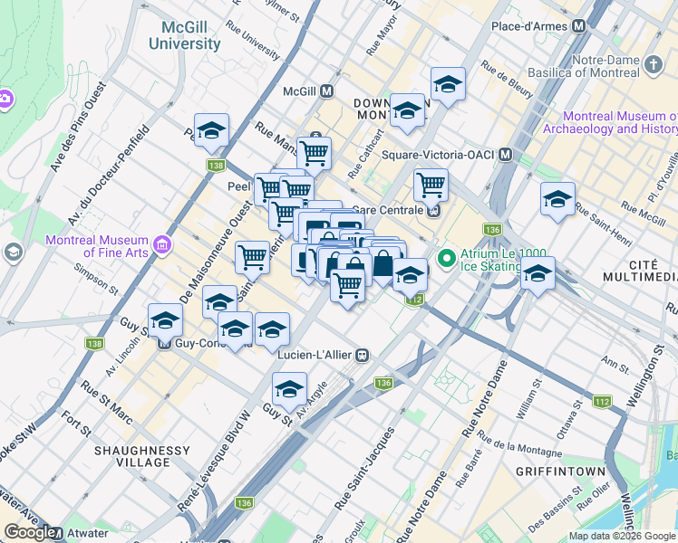 map of restaurants, bars, coffee shops, grocery stores, and more near Boulevard René-Lévesque Ouest in Montréal