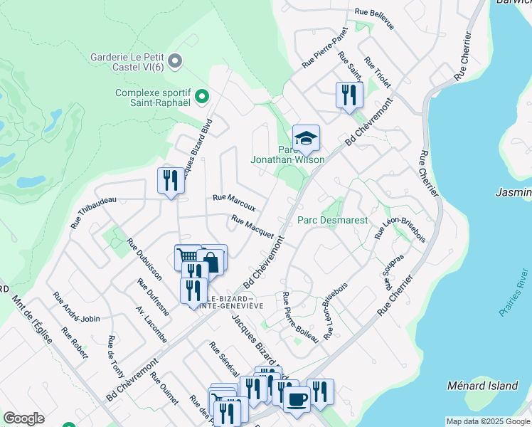 map of restaurants, bars, coffee shops, grocery stores, and more near 513 Rue Laberge in Montréal