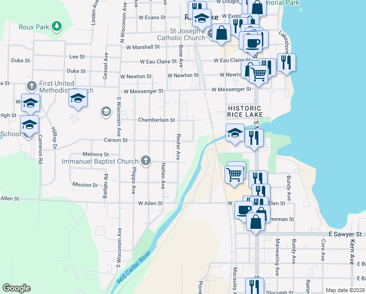 map of restaurants, bars, coffee shops, grocery stores, and more near 211 Reuter Avenue in Rice Lake