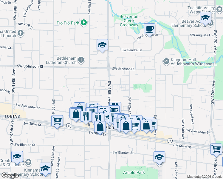 map of restaurants, bars, coffee shops, grocery stores, and more near 2997 Southwest Lars Terrace in Beaverton