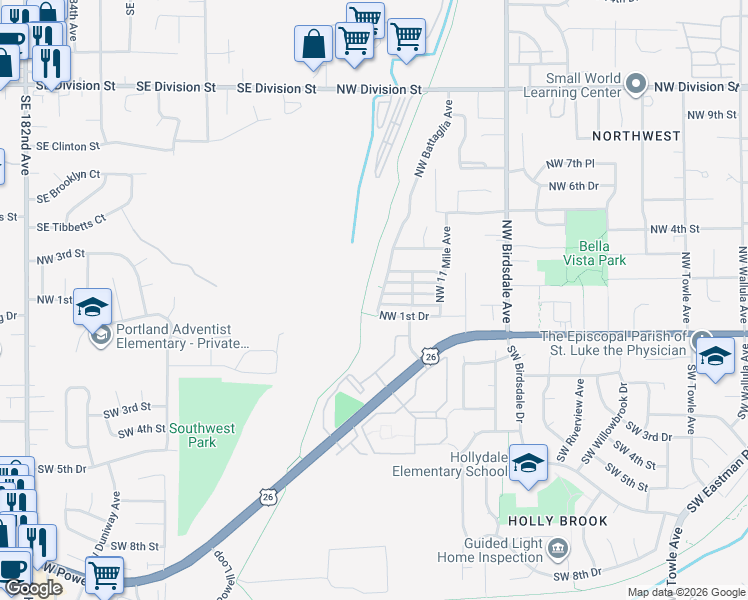 map of restaurants, bars, coffee shops, grocery stores, and more near 2590 Northwest 2nd Terrace in Gresham
