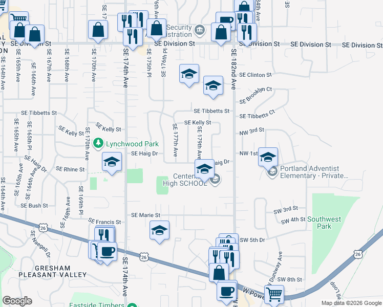 map of restaurants, bars, coffee shops, grocery stores, and more near 3351 Southeast 178th Avenue in Portland