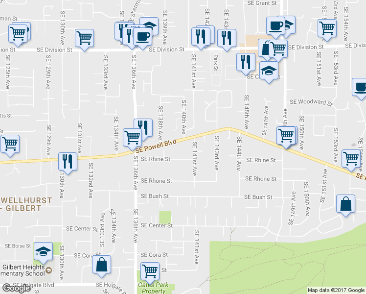 map of restaurants, bars, coffee shops, grocery stores, and more near 13916 Southeast Powell Boulevard in Portland