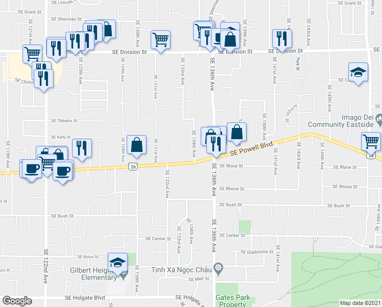 map of restaurants, bars, coffee shops, grocery stores, and more near 13317 Southeast Powell Boulevard in Portland