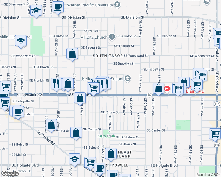 map of restaurants, bars, coffee shops, grocery stores, and more near 3415 Southeast 68th Avenue in Portland