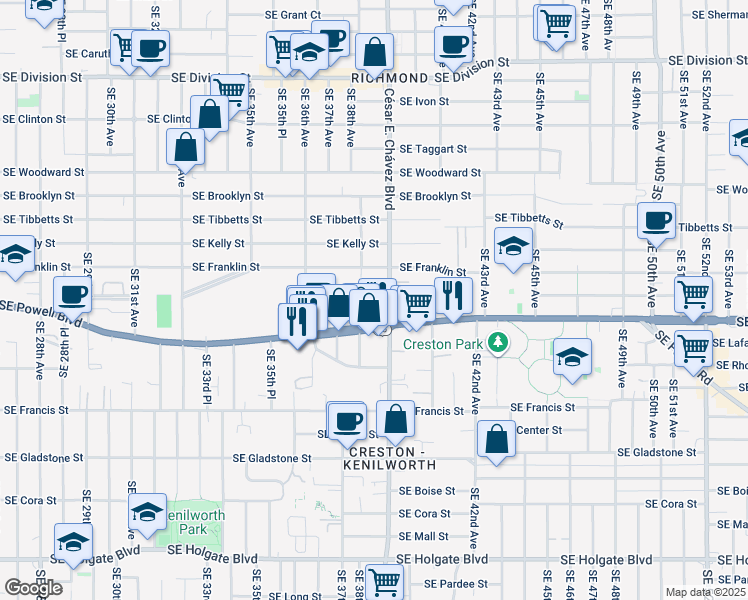 map of restaurants, bars, coffee shops, grocery stores, and more near 3429 Southeast 38th Avenue in Portland