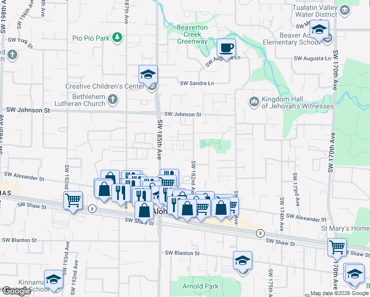 map of restaurants, bars, coffee shops, grocery stores, and more near 18264 Southwest Anna Mae Lane in Beaverton