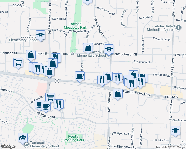 map of restaurants, bars, coffee shops, grocery stores, and more near 21250 Southwest Alexander Street in Beaverton