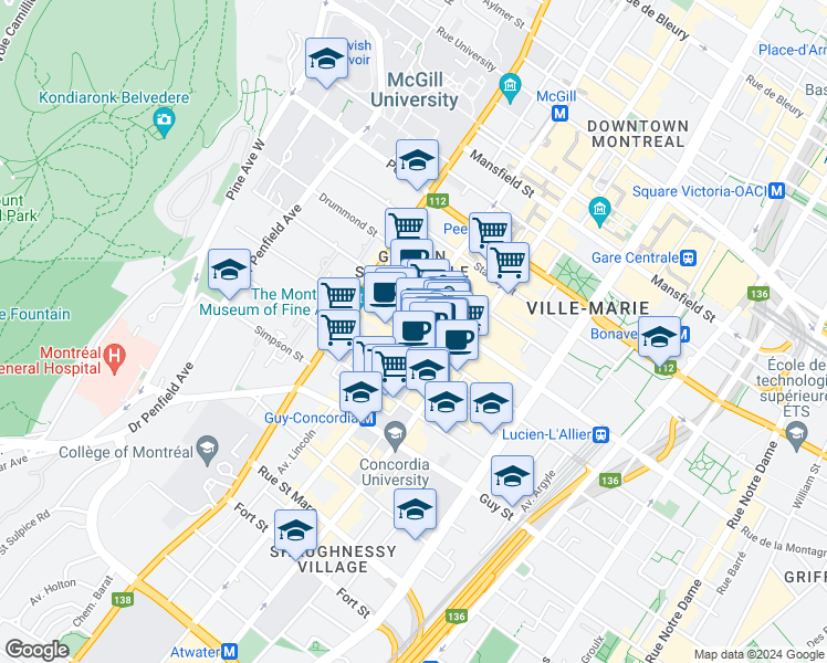 map of restaurants, bars, coffee shops, grocery stores, and more near 1471 Rue Crescent in Montréal