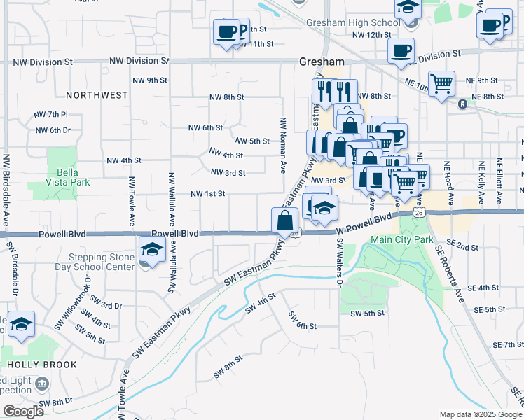 map of restaurants, bars, coffee shops, grocery stores, and more near 50 Northwest Sleret Avenue in Gresham