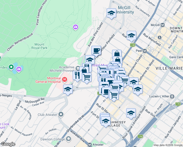 map of restaurants, bars, coffee shops, grocery stores, and more near 3480 Simpson Street in Montreal