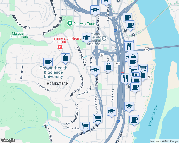 map of restaurants, bars, coffee shops, grocery stores, and more near 105 Southwest Curry Street in Portland