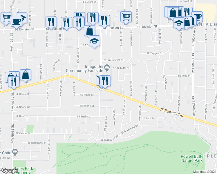 map of restaurants, bars, coffee shops, grocery stores, and more near 3405 Southeast 150th Avenue in Portland