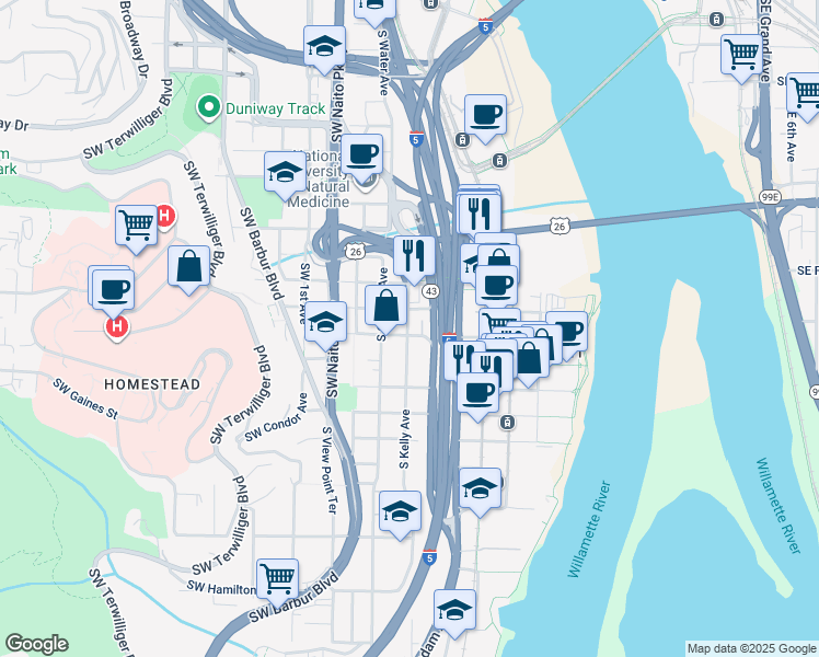map of restaurants, bars, coffee shops, grocery stores, and more near 305 South Curry street in Portland