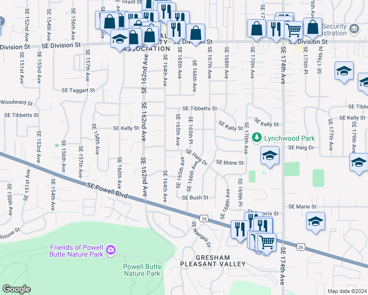 map of restaurants, bars, coffee shops, grocery stores, and more near 16523 Southeast Haig Drive in Portland