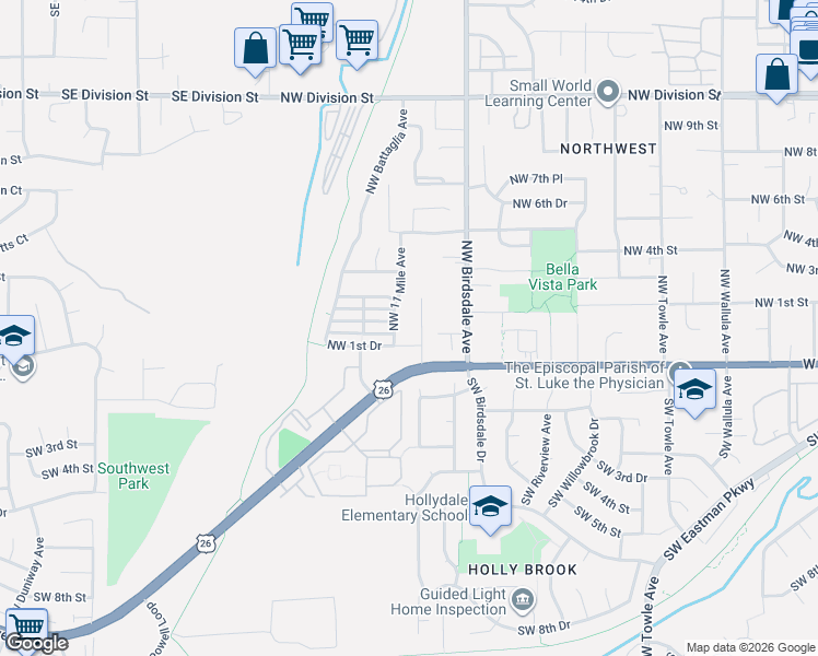 map of restaurants, bars, coffee shops, grocery stores, and more near 181 Northwest Mawrcrest Avenue in Gresham