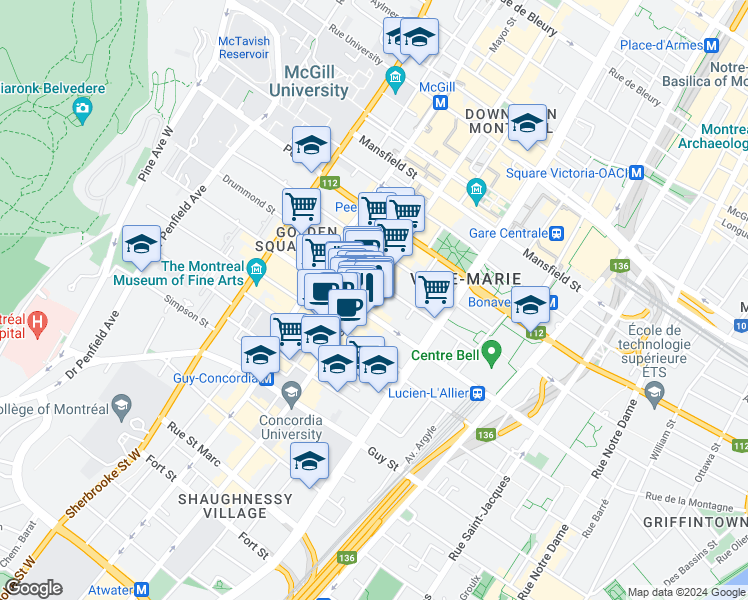 map of restaurants, bars, coffee shops, grocery stores, and more near 1230 Rue Sainte-Catherine Ouest in Montréal