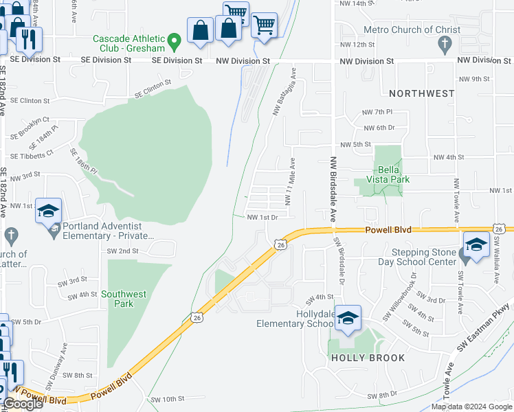 map of restaurants, bars, coffee shops, grocery stores, and more near 2576 Northwest 2nd Terrace in Gresham