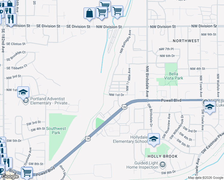 map of restaurants, bars, coffee shops, grocery stores, and more near 2590 Northwest 2nd Terrace in Gresham