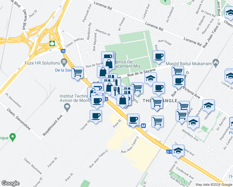 map of restaurants, bars, coffee shops, grocery stores, and more near 5250 Rue Ferrier in Montréal