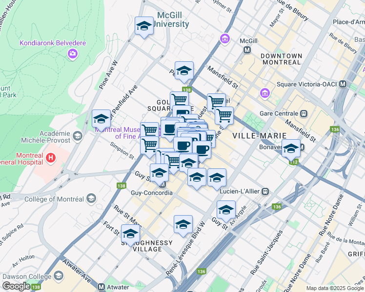 map of restaurants, bars, coffee shops, grocery stores, and more near 1441 Rue Crescent in Montréal