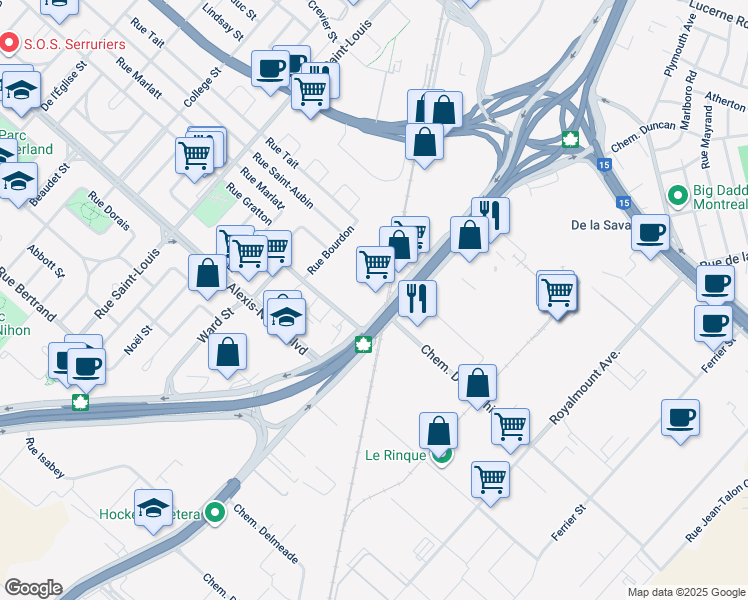 map of restaurants, bars, coffee shops, grocery stores, and more near in Montreal