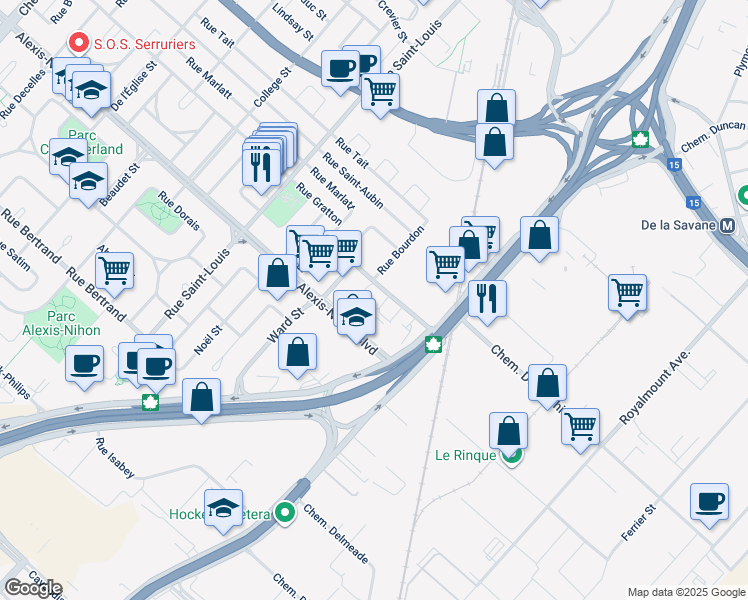 map of restaurants, bars, coffee shops, grocery stores, and more near 180 Authier Street in Montreal
