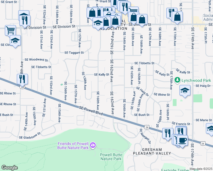 map of restaurants, bars, coffee shops, grocery stores, and more near 3340 Southeast 161st Avenue in Portland