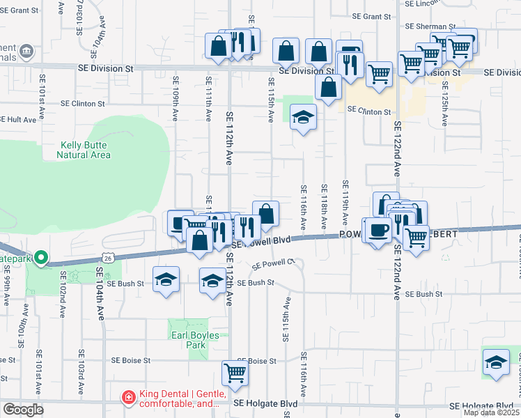 map of restaurants, bars, coffee shops, grocery stores, and more near 3315 Southeast 115th Avenue in Portland