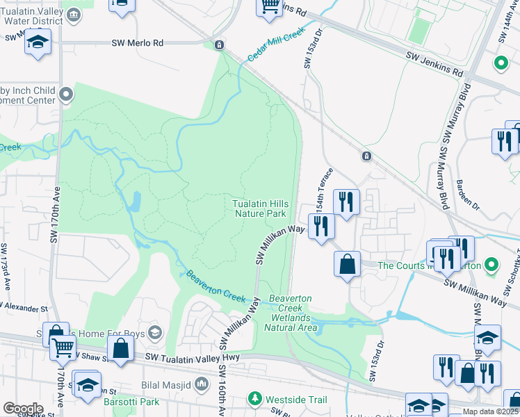 map of restaurants, bars, coffee shops, grocery stores, and more near 15655 Southwest Millikan Way in Beaverton