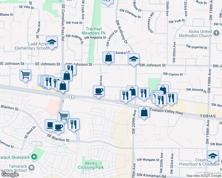 map of restaurants, bars, coffee shops, grocery stores, and more near 21250 Southwest Alexander Street in Beaverton