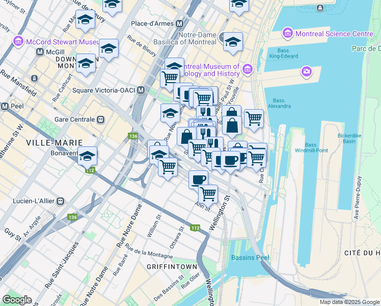map of restaurants, bars, coffee shops, grocery stores, and more near in Montréal