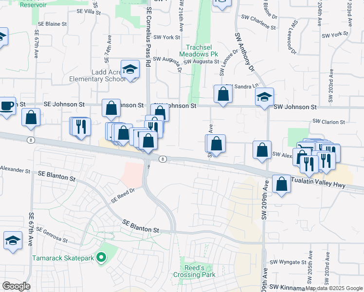 map of restaurants, bars, coffee shops, grocery stores, and more near 3010 Southwest 216th Avenue in Aloha