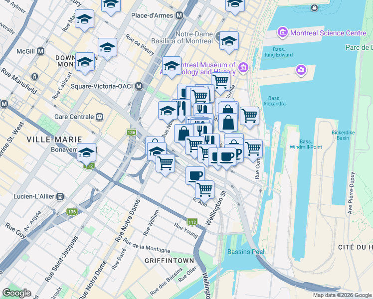 map of restaurants, bars, coffee shops, grocery stores, and more near 762 Rue Saint-Paul Ouest in Montréal