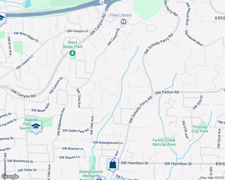 map of restaurants, bars, coffee shops, grocery stores, and more near 6680 Southwest Raleighview Court in Portland
