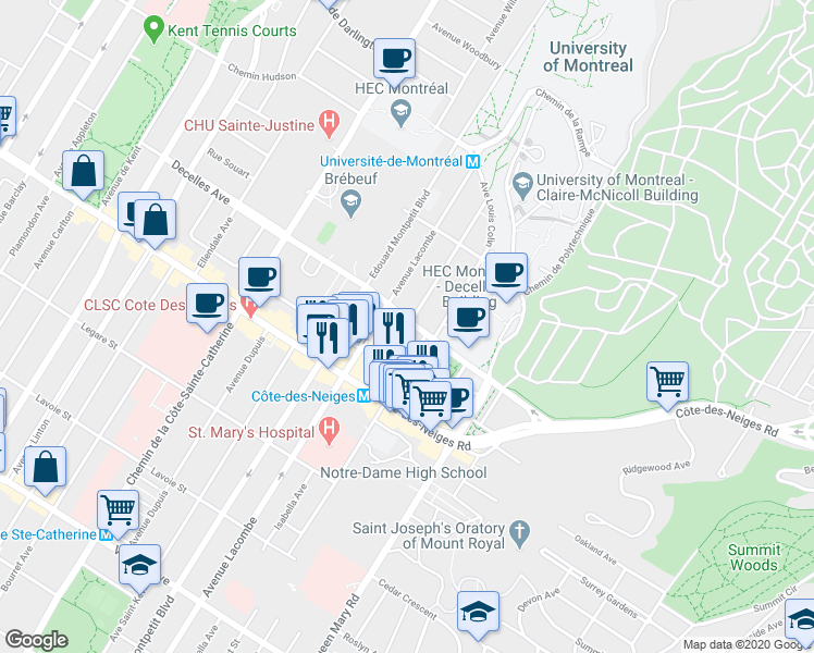 map of restaurants, bars, coffee shops, grocery stores, and more near 5348 Avenue Decelles in Montréal