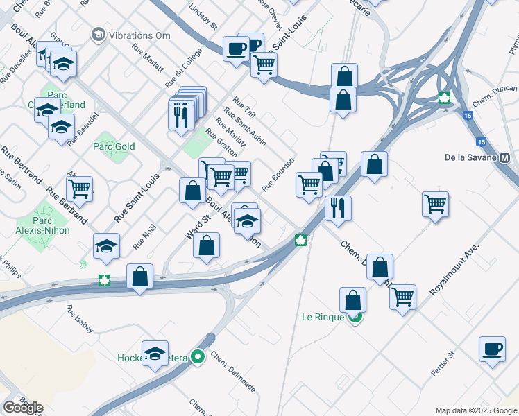 map of restaurants, bars, coffee shops, grocery stores, and more near 180 Authier Street in Montreal