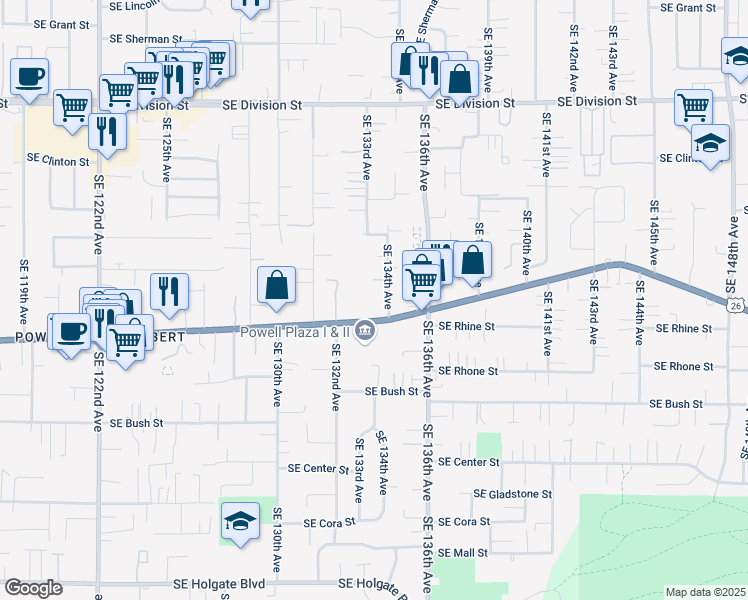 map of restaurants, bars, coffee shops, grocery stores, and more near 13317 Southeast Powell Boulevard in Portland