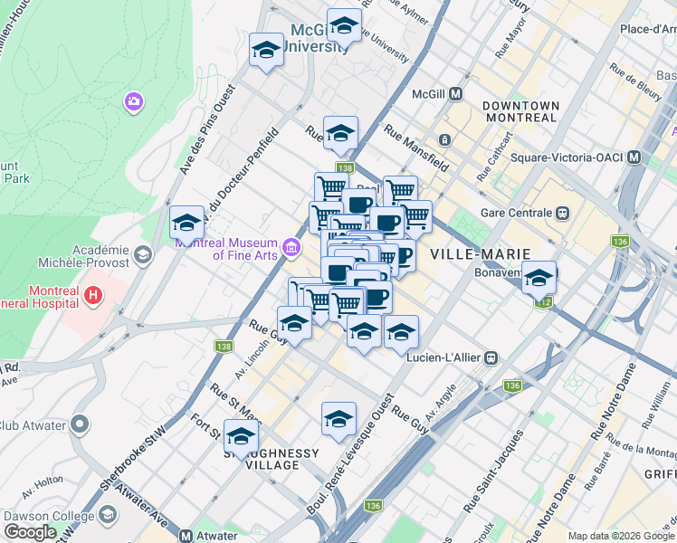 map of restaurants, bars, coffee shops, grocery stores, and more near 1471 Rue Crescent in Montréal