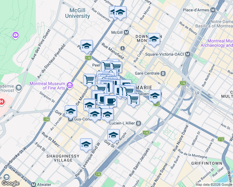 map of restaurants, bars, coffee shops, grocery stores, and more near 1211 Drummond Street in Montrã©Al